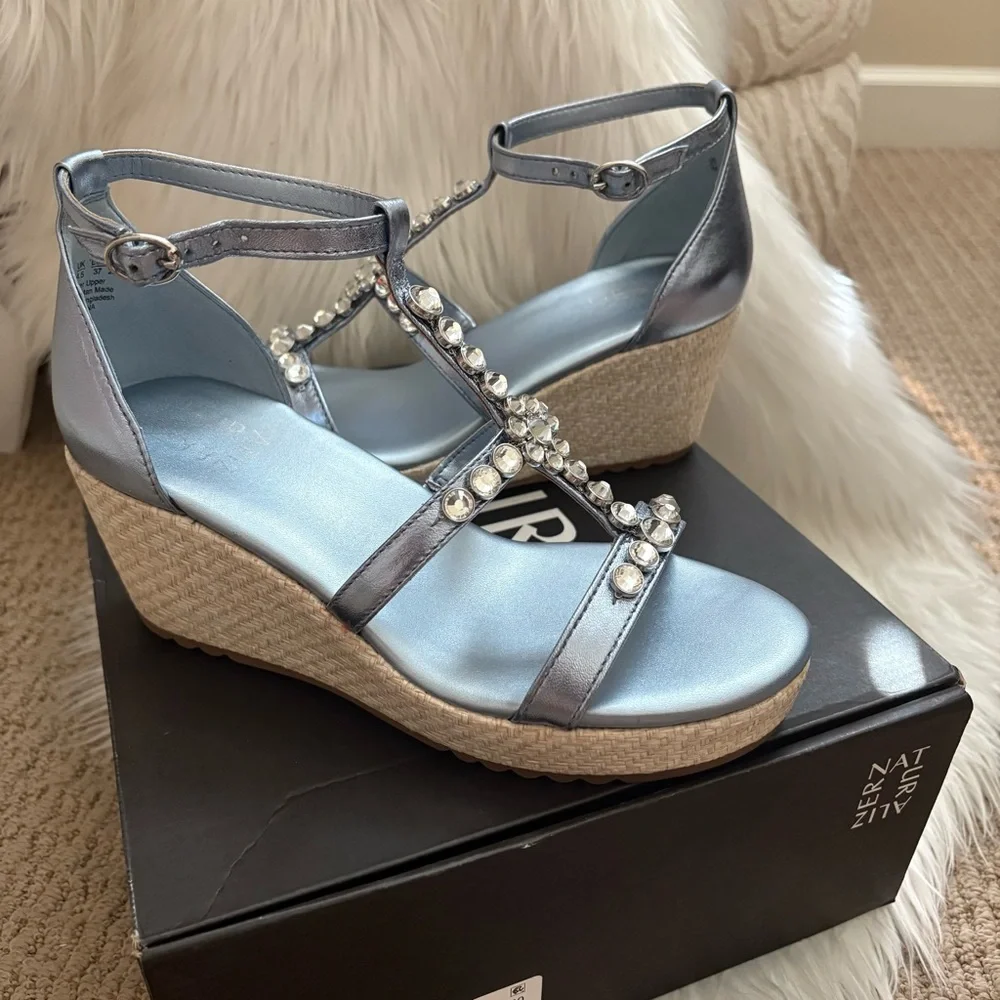 Naturalizer Serena Blue Metallic Strappy Wedge Sandal Y2k